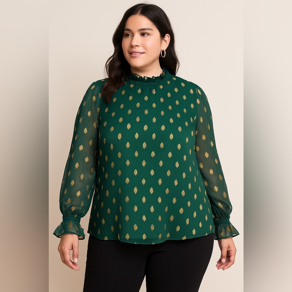 Lane Bryant Green Gold Polka Dot Blouse Women’s Size 14 NWT Sheer Long Sleeve